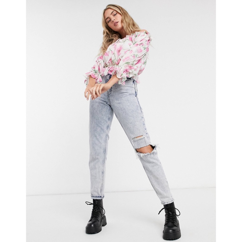 TopShop Off The Shoulder Smock Blouse In Floral Print Size 14 - Picture 9 of 9